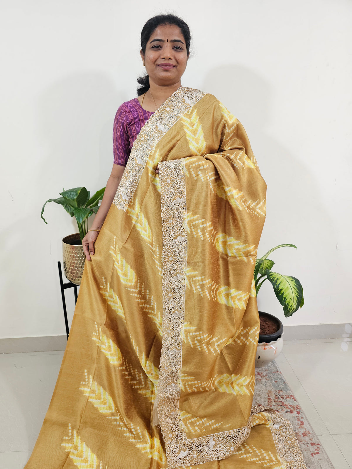 Semi Tussar with Cut Work Saree - Mustard Yellow