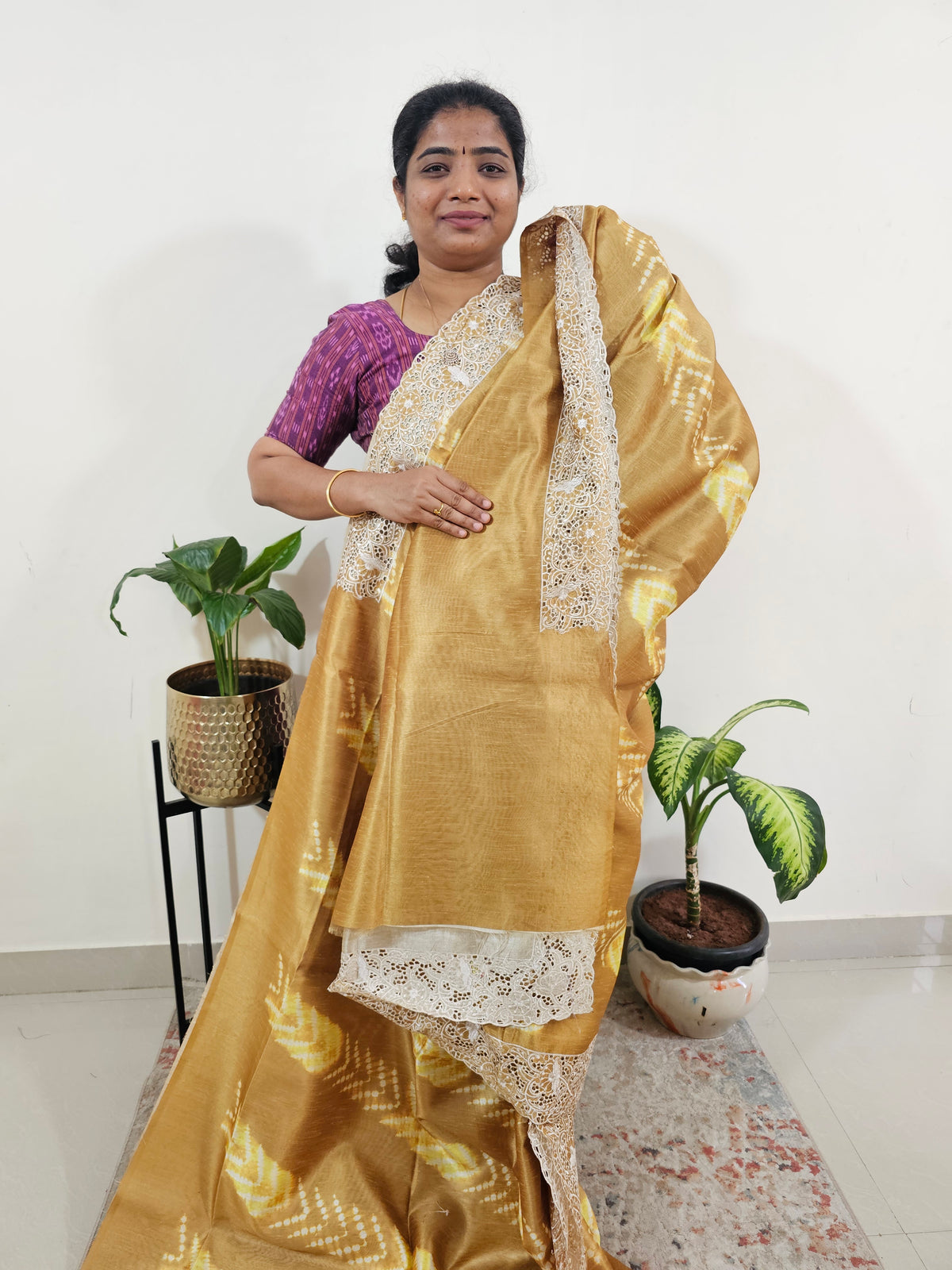 Semi Tussar with Cut Work Saree - Mustard Yellow