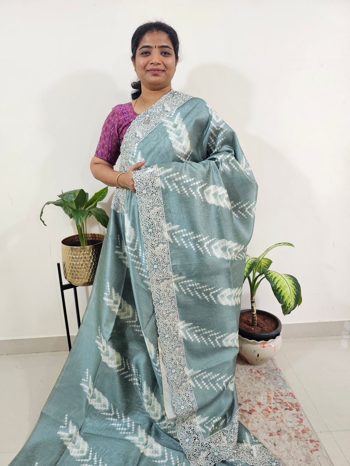 Semi Tussar with Cut Work Saree - Sea Green