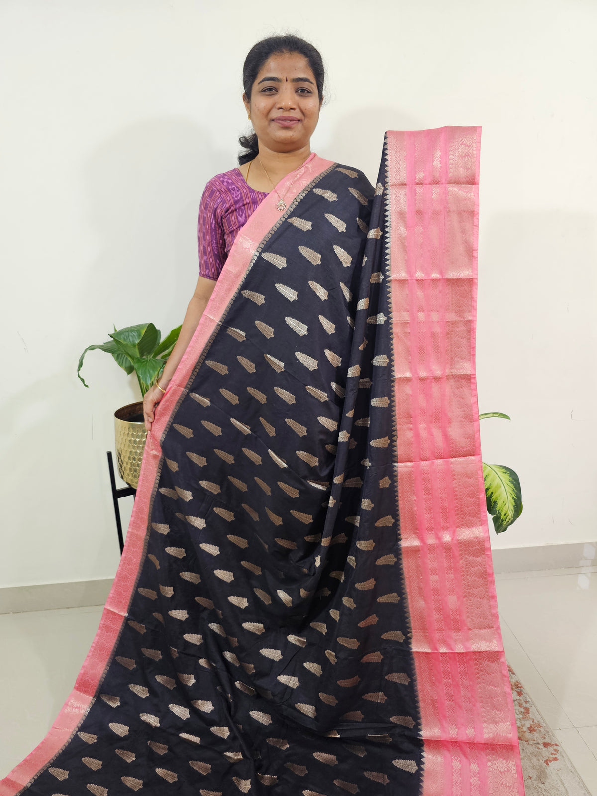 Semi Banarasi Silk Saree - Black with Peach