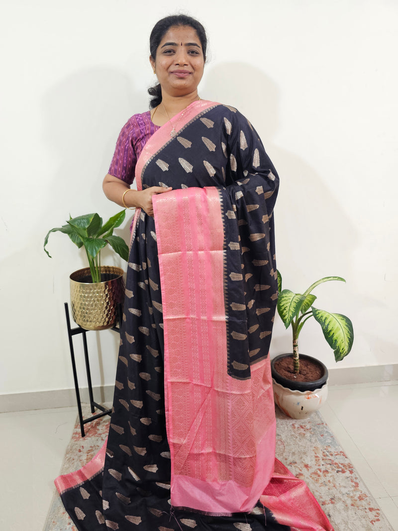 Semi Banarasi Silk Saree - Black with Peach