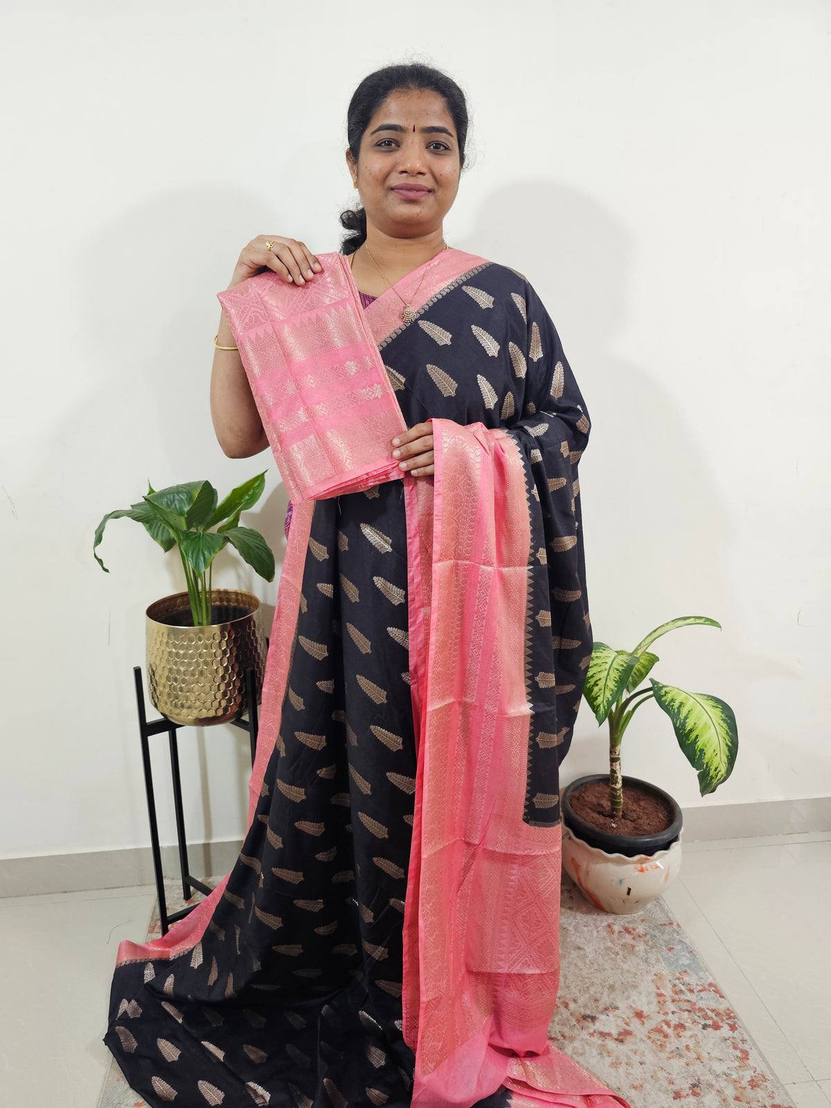 Semi Banarasi Silk Saree - Black with Peach