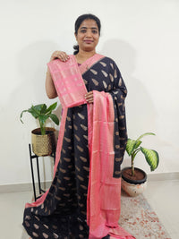 Semi Banarasi Silk Saree - Black with Peach