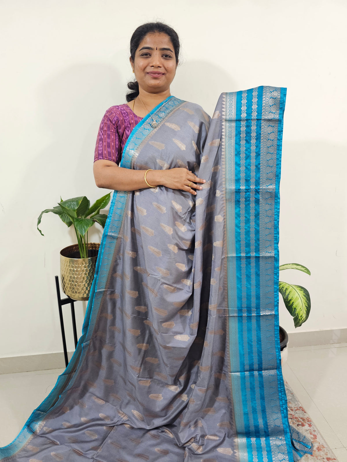 Semi Banarasi Silk Saree - Grey with Blue