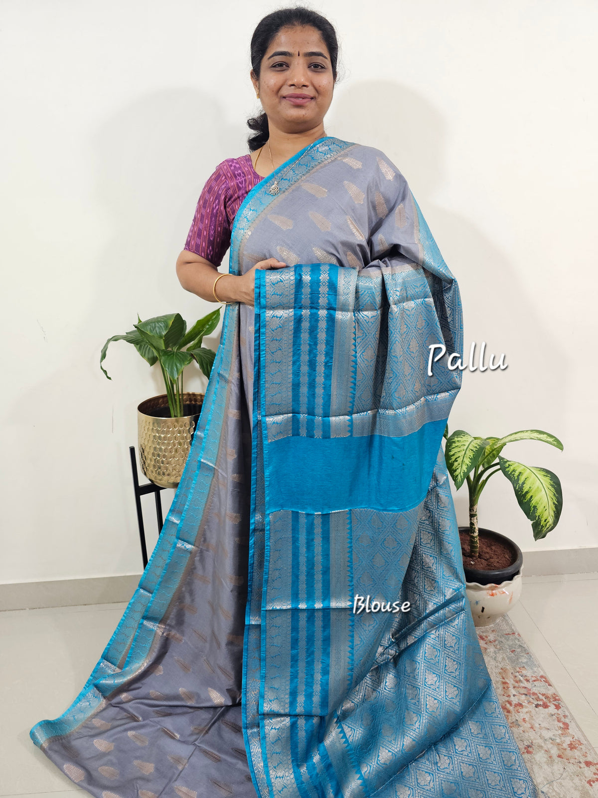 Semi Banarasi Silk Saree - Grey with Blue