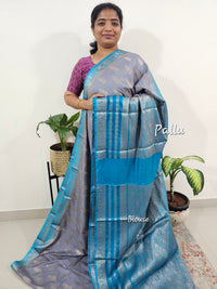 Semi Banarasi Silk Saree - Grey with Blue