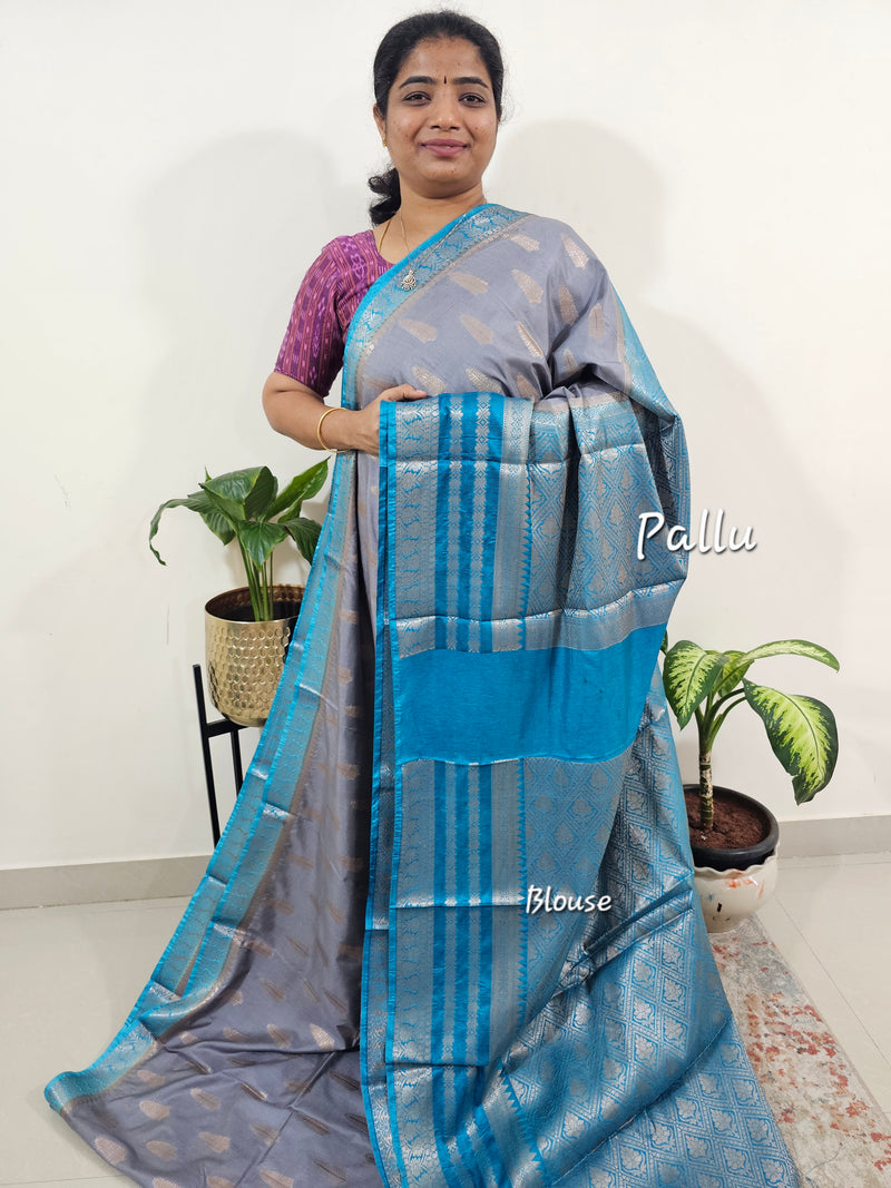 Semi Banarasi Silk Saree - Grey with Blue