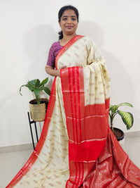 Semi Banarasi Silk Saree - Cream with Red