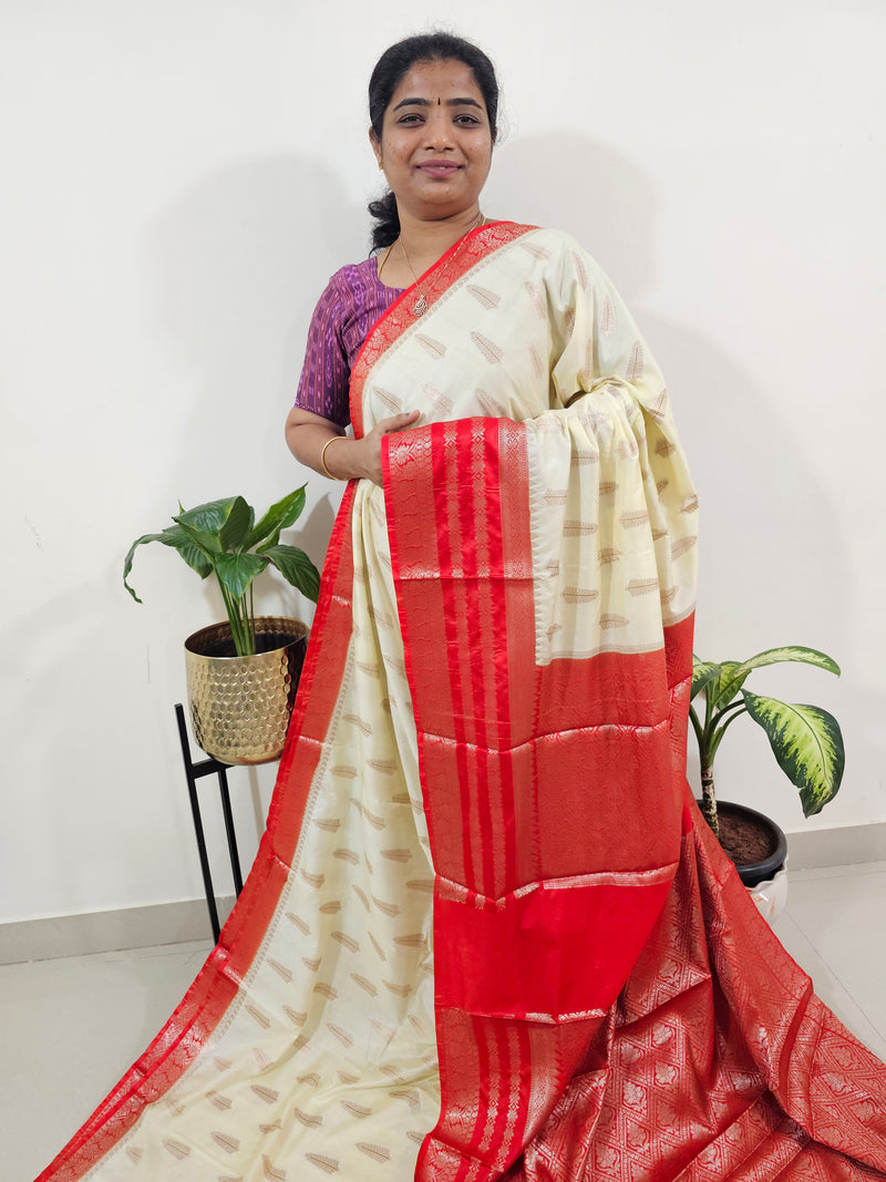 Semi Banarasi Silk Saree - Cream with Red