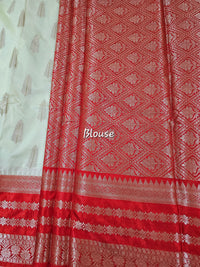 Semi Banarasi Silk Saree - Cream with Red