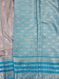 Semi Banarasi Silk Saree - Grey with Blue
