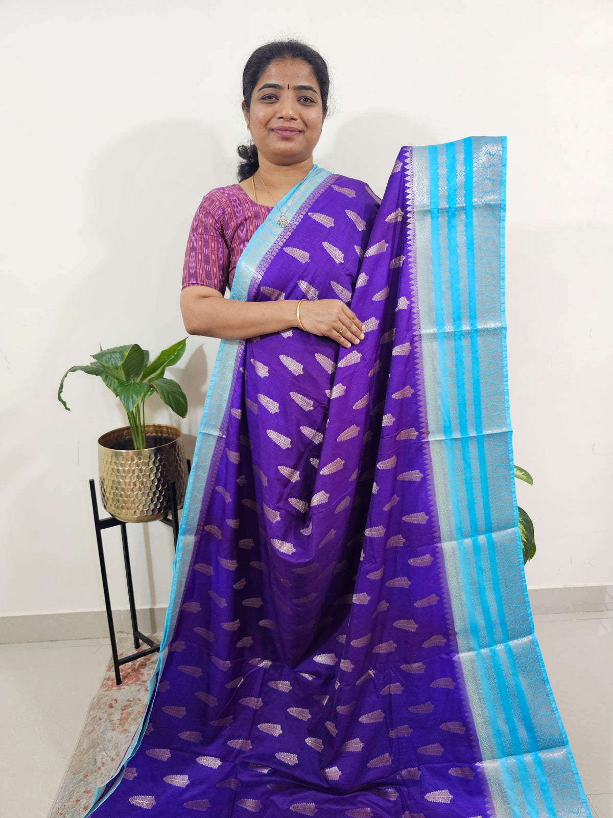 Semi Banarasi Silk Saree - Purple with Blue