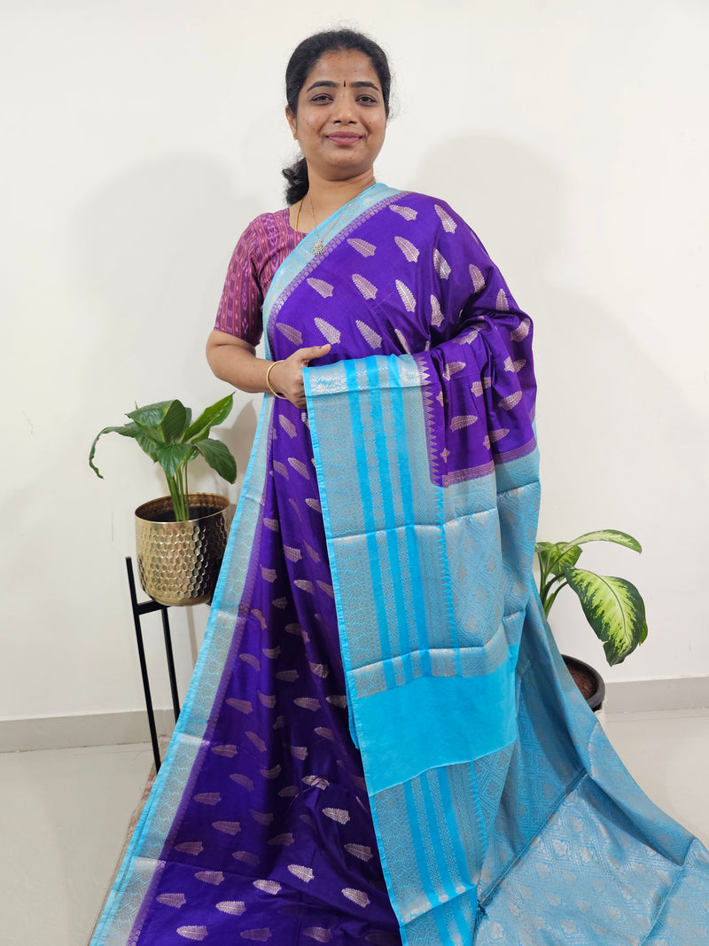 Semi Banarasi Silk Saree - Purple with Blue