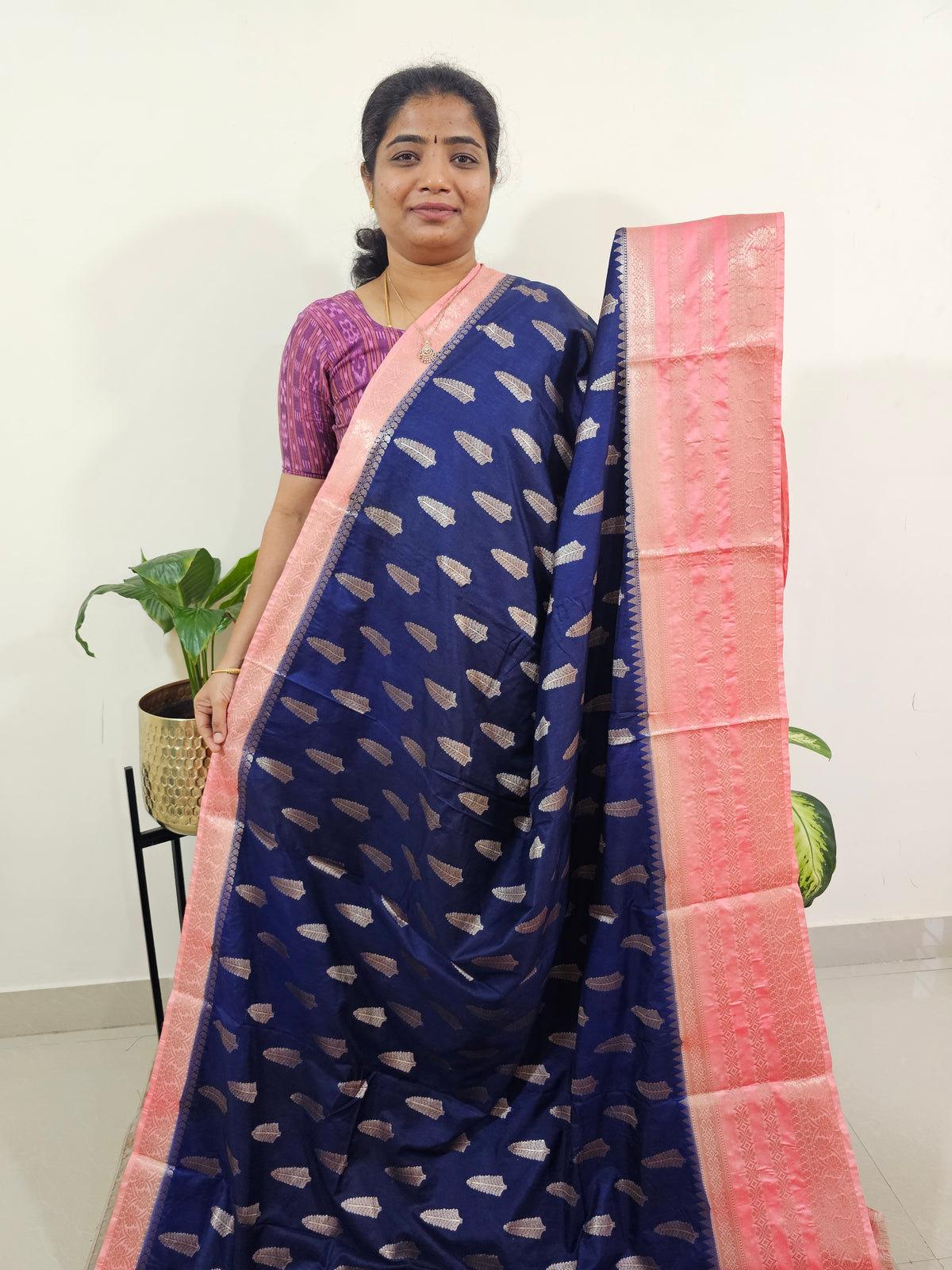 Semi Banarasi Silk Saree - Blue with Peach