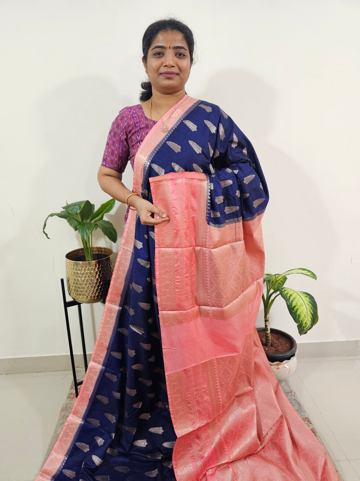 Semi Banarasi Silk Saree - Blue with Peach