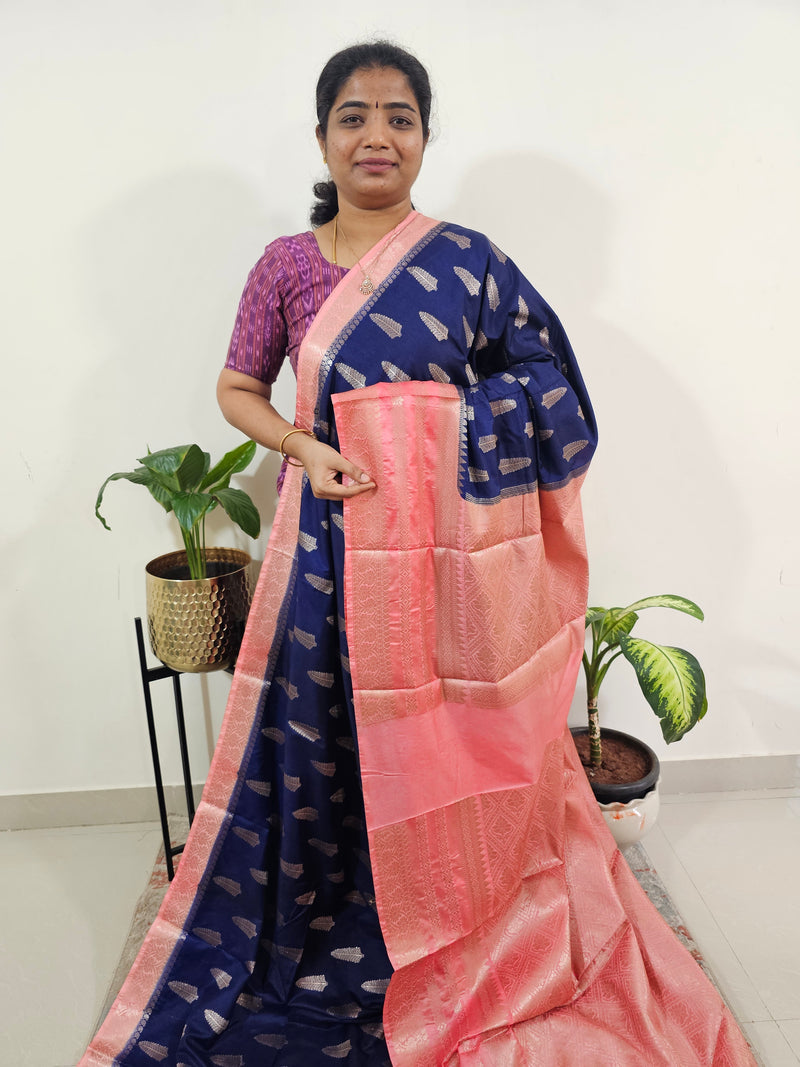 Semi Banarasi Silk Saree - Blue with Peach