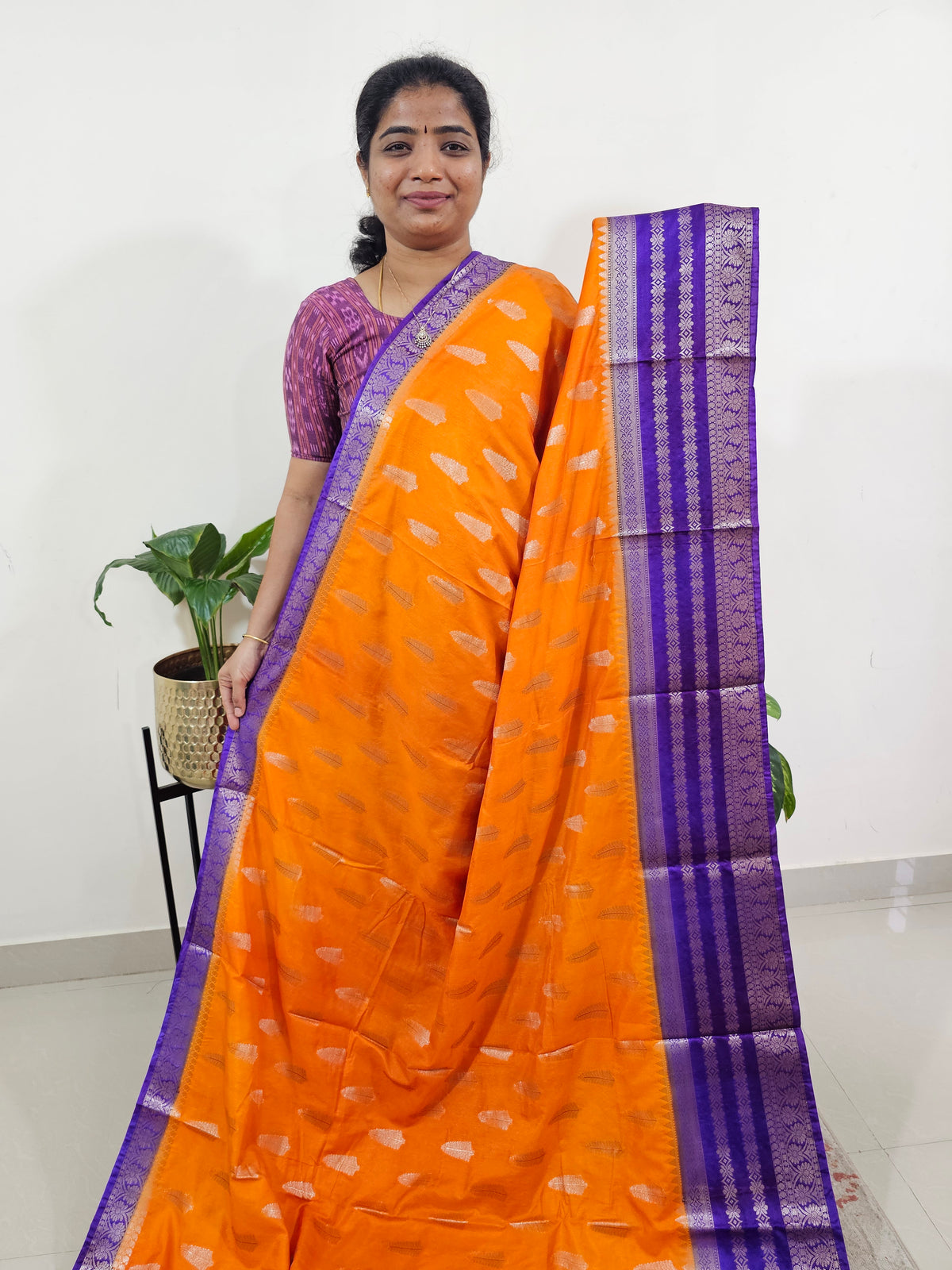 Semi Banarasi Silk Saree - Orange with Purple