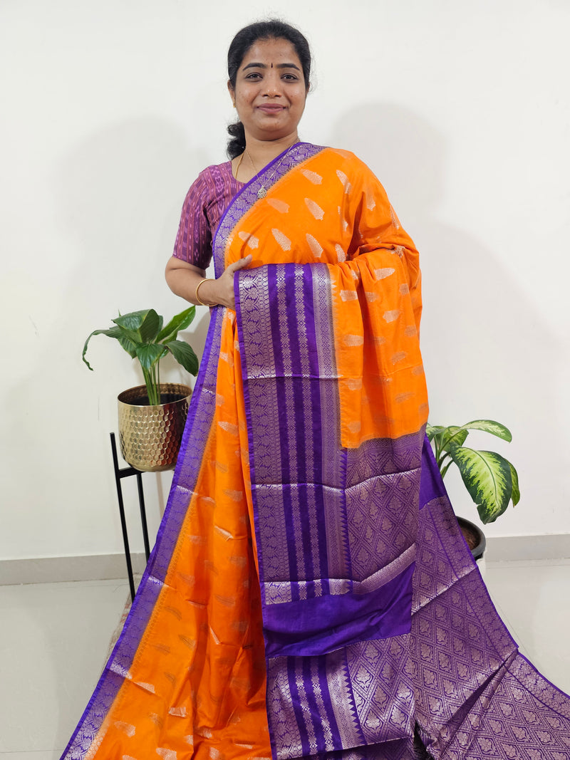 Semi Banarasi Silk Saree - Orange with Purple