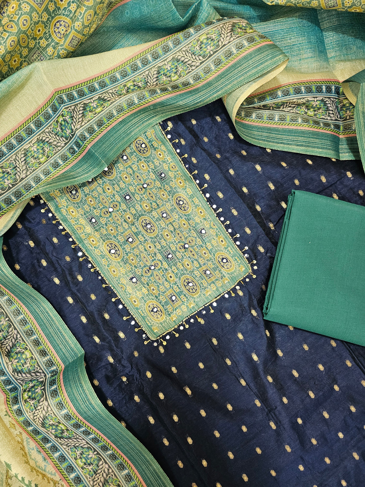 Semi Tussar Silk Unstitched Salwar - Dark Blue with Sea Green