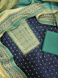 Semi Tussar Silk Unstitched Salwar - Dark Blue with Sea Green