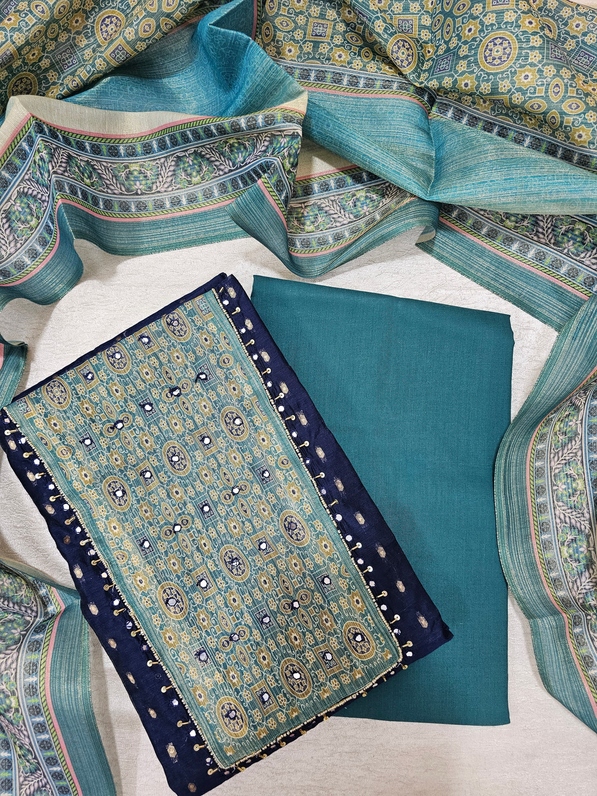 Semi Tussar Silk Unstitched Salwar - Dark Blue with Sea Green