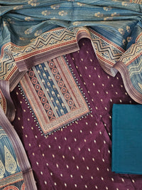 Semi Tussar Silk Unstitched Salwar - Dark Maroon with Peacock Green