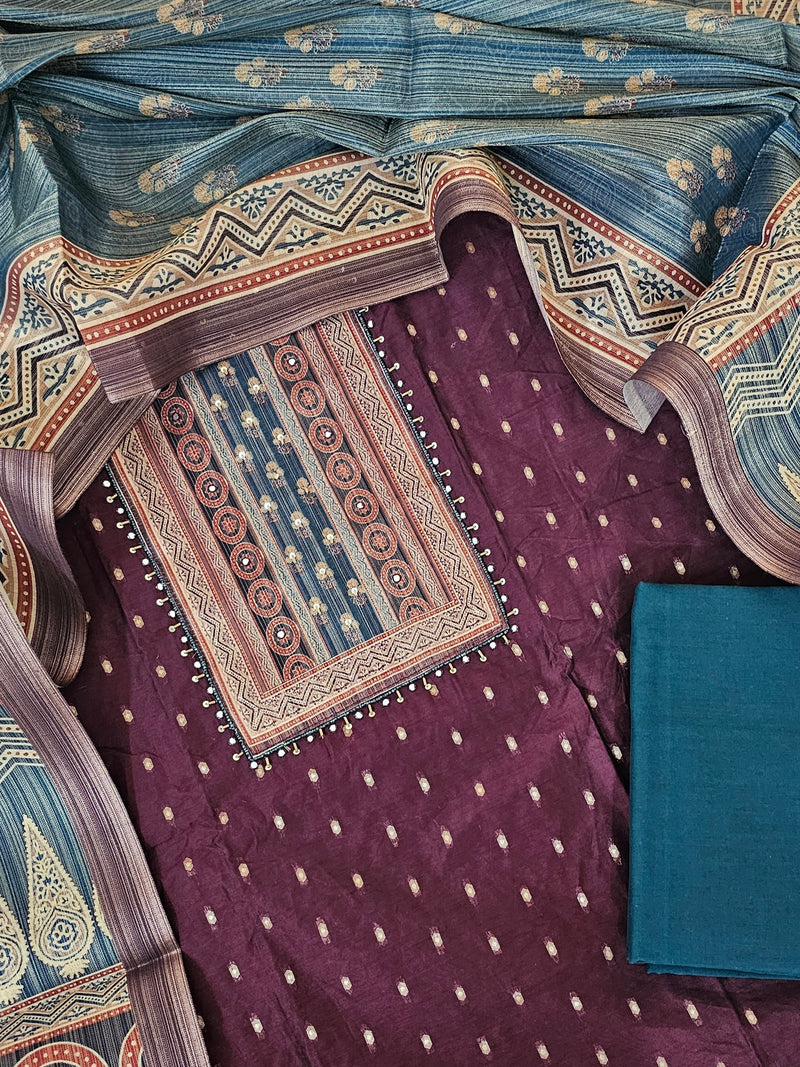 Semi Tussar Silk Unstitched Salwar - Dark Maroon with Peacock Green