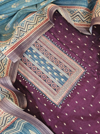 Semi Tussar Silk Unstitched Salwar - Dark Maroon with Peacock Green