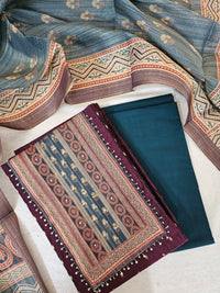 Semi Tussar Silk Unstitched Salwar - Dark Maroon with Peacock Green