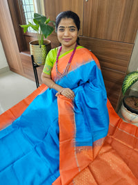 Pure Handloom Soft Silk Saree - Blue with Orange
