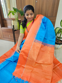 Pure Handloom Soft Silk Saree - Blue with Orange