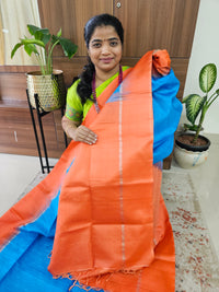 Pure Handloom Soft Silk Saree - Blue with Orange