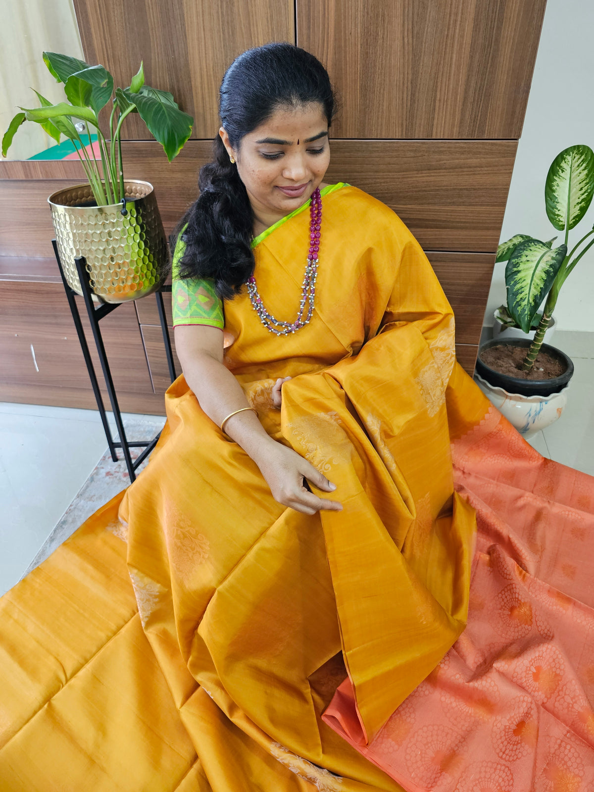 Pure Handloom Soft Silk Saree - Yellow with Orange