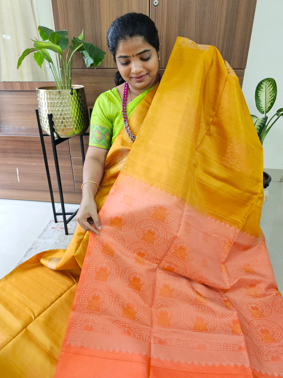 Pure Handloom Soft Silk Saree - Yellow with Orange
