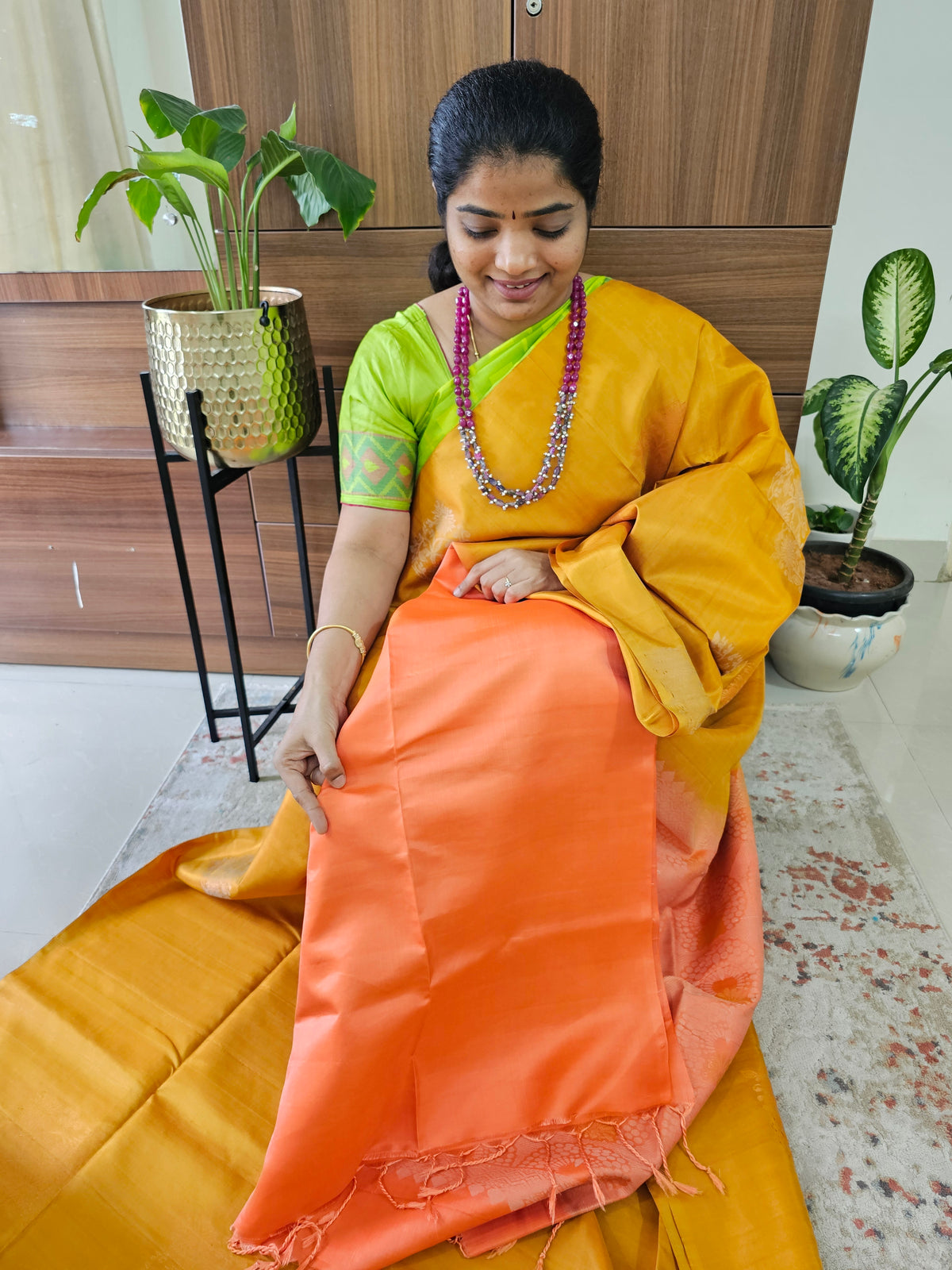Pure Handloom Soft Silk Saree - Yellow with Orange