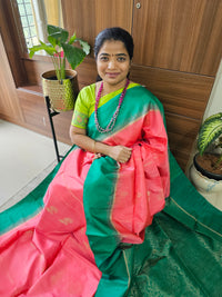 Pure Handloom Soft Silk Saree - Dark Peach with Green