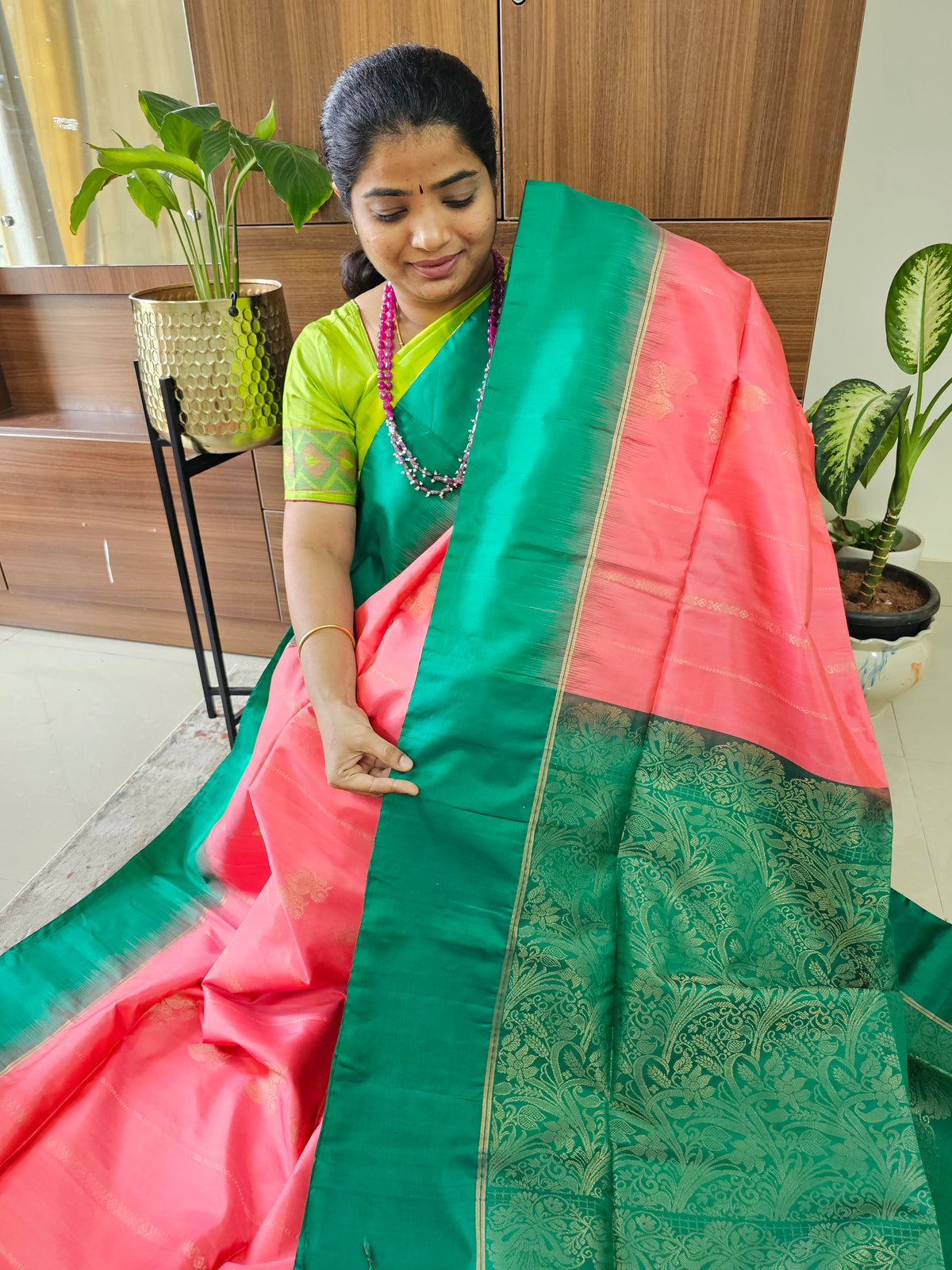 Pure Handloom Soft Silk Saree - Dark Peach with Green