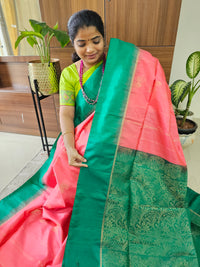 Pure Handloom Soft Silk Saree - Dark Peach with Green