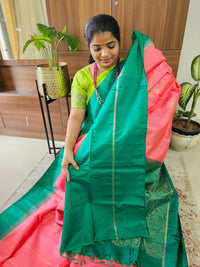 Pure Handloom Soft Silk Saree - Dark Peach with Green