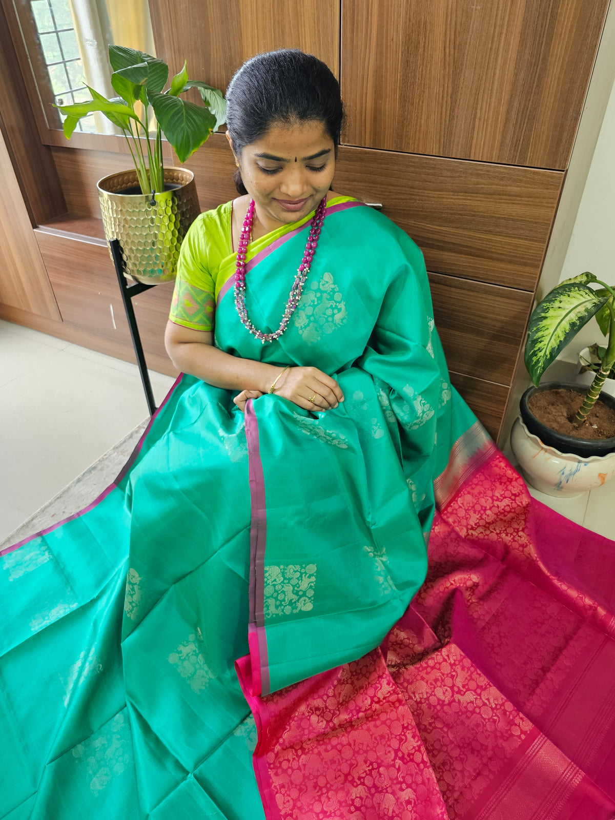 Pure Handloom Soft Silk Saree - Green with Pink