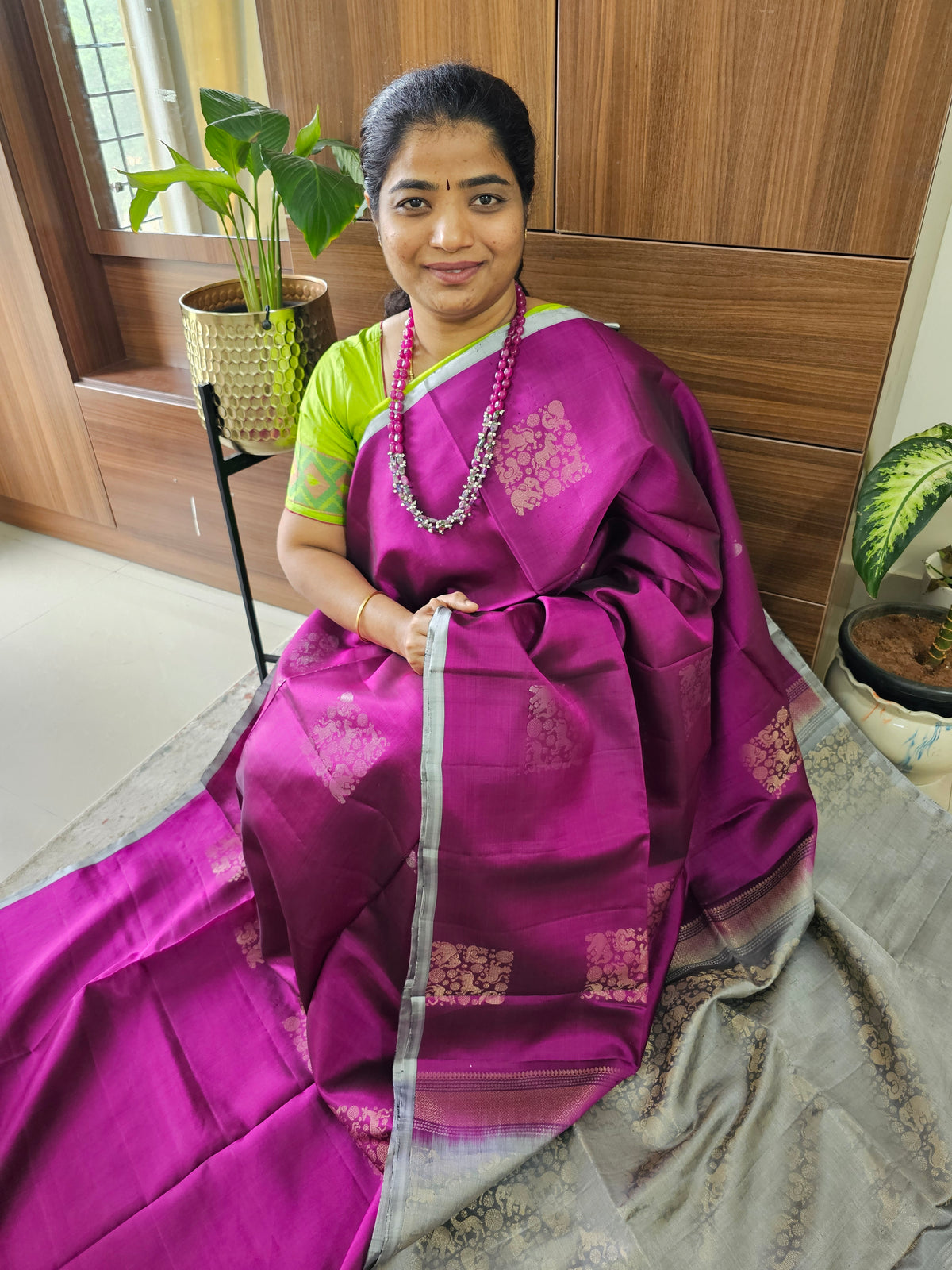 Pure Handloom Soft Silk Saree - Dark Magenta Pink with Grey