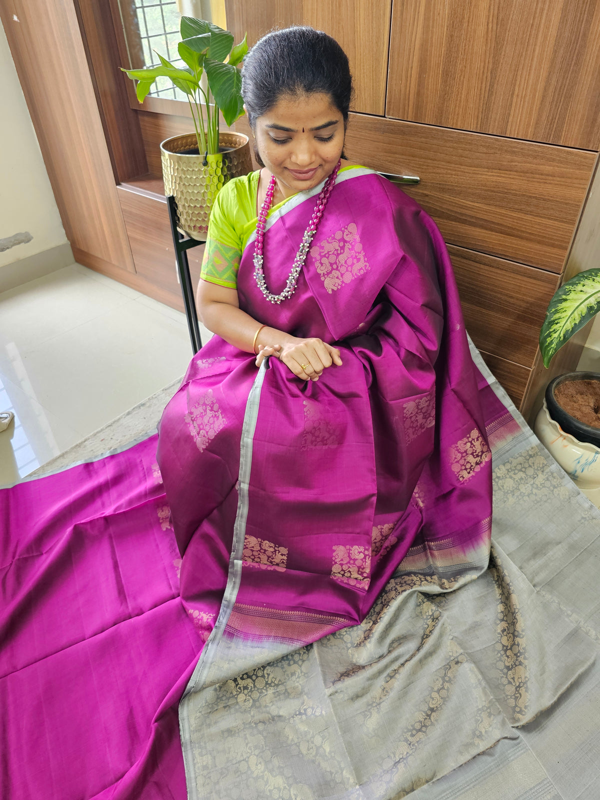 Pure Handloom Soft Silk Saree - Dark Magenta Pink with Grey