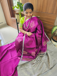 Pure Handloom Soft Silk Saree - Dark Magenta Pink with Grey