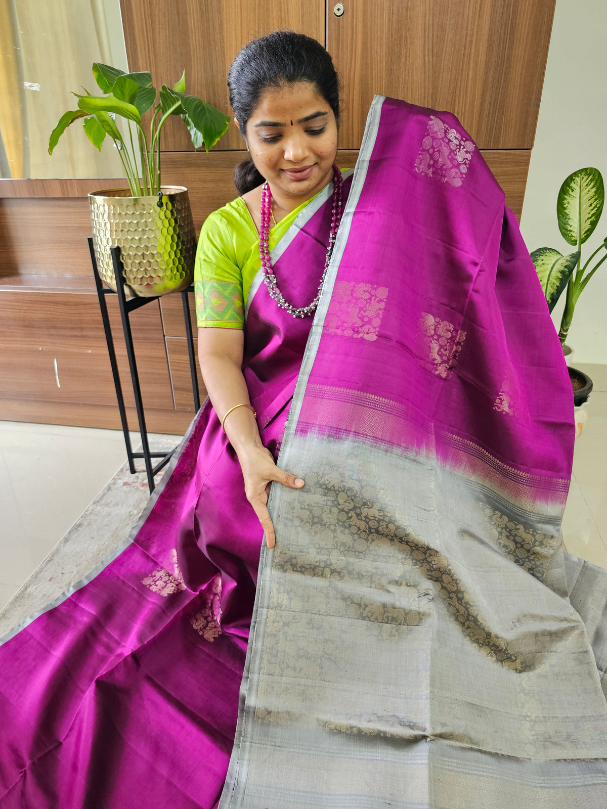 Pure Handloom Soft Silk Saree - Dark Magenta Pink with Grey