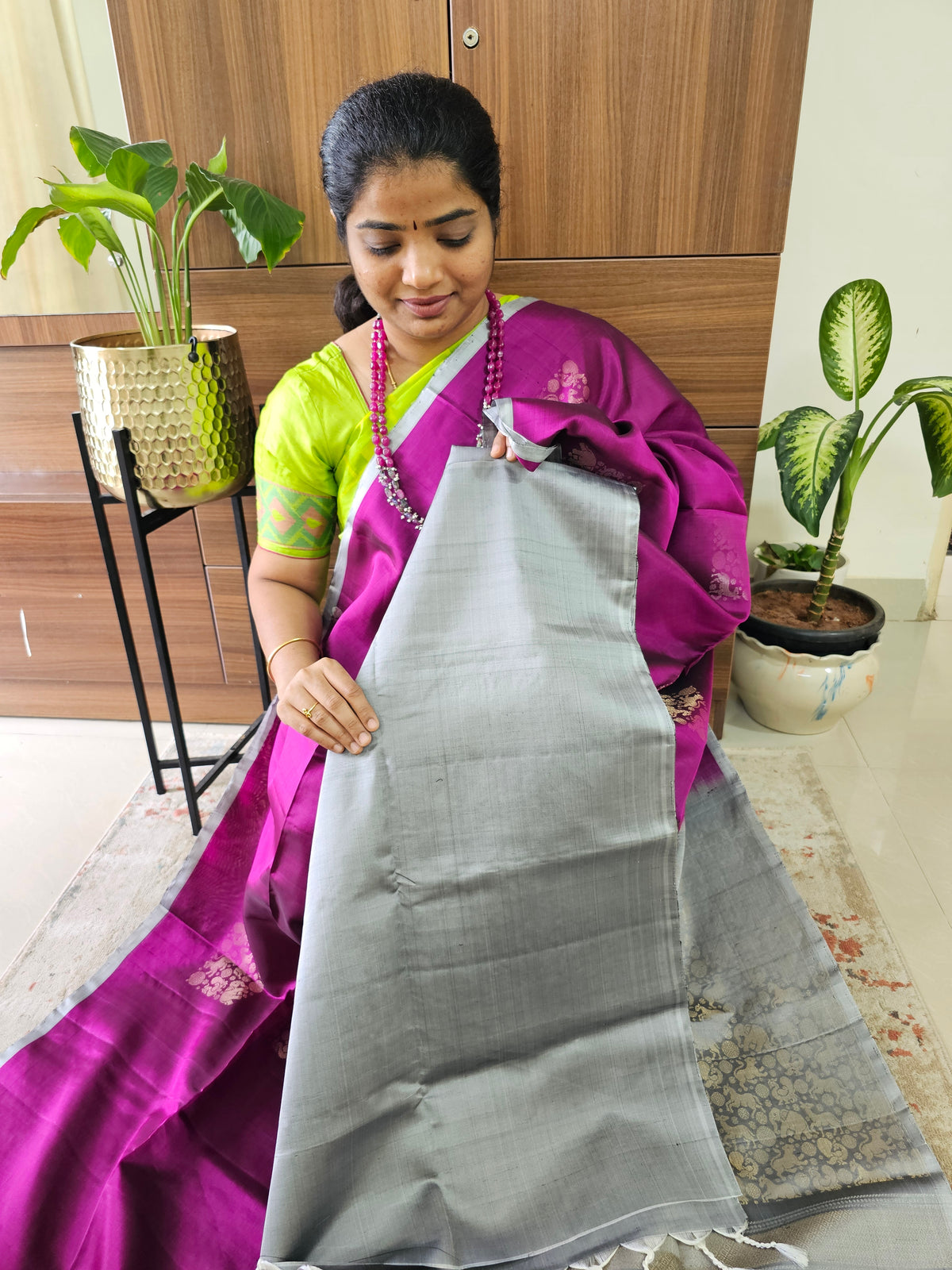 Pure Handloom Soft Silk Saree - Dark Magenta Pink with Grey