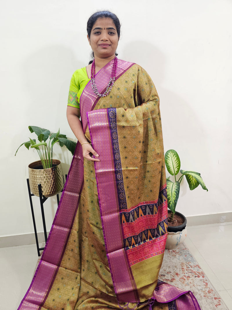 Semi Gadwal Silk Sarees with Digital Prints-Green with Purple