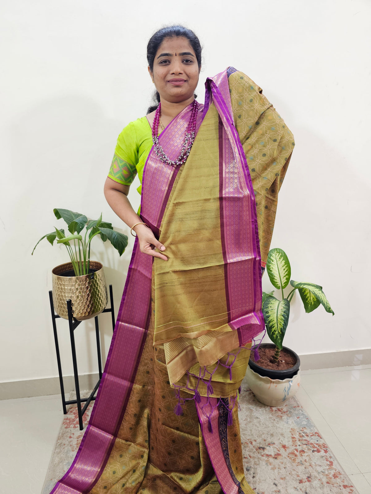 Semi Gadwal Silk Sarees with Digital Prints-Green with Purple