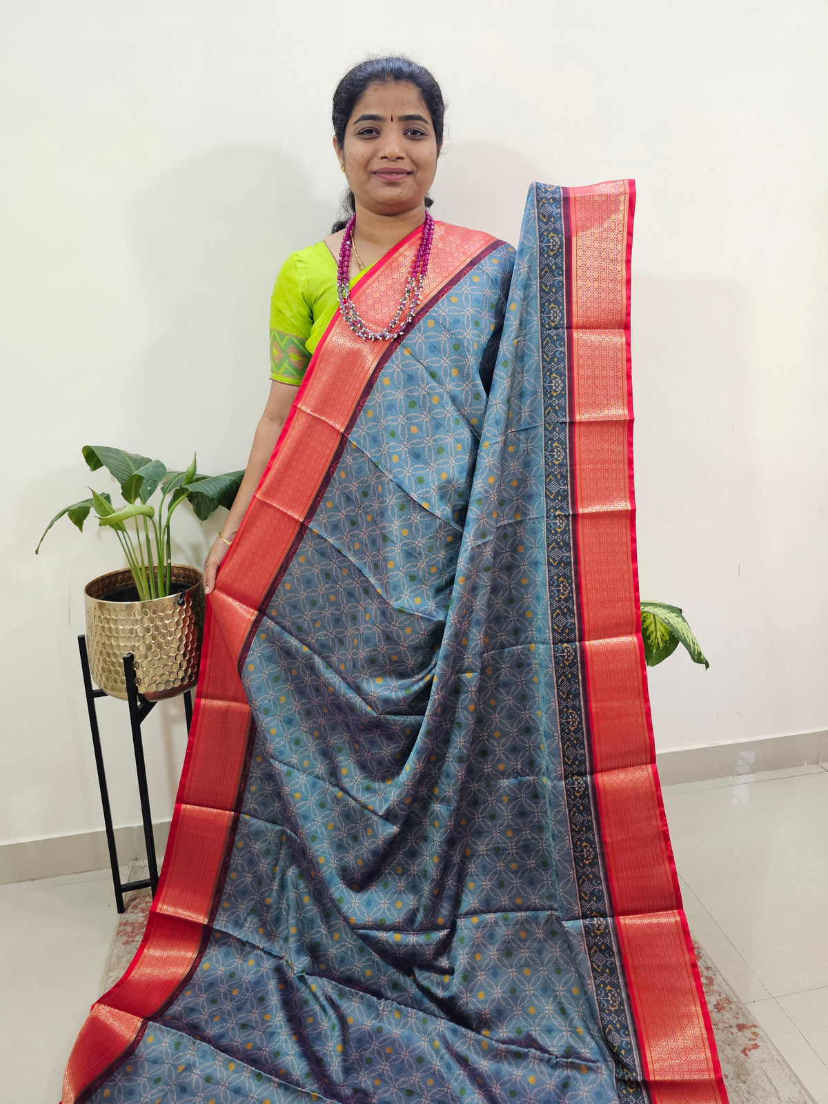 Semi Gadwal Silk Sarees with Digital Prints - Blue with Red