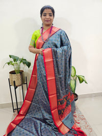 Semi Gadwal Silk Sarees with Digital Prints - Blue with Red