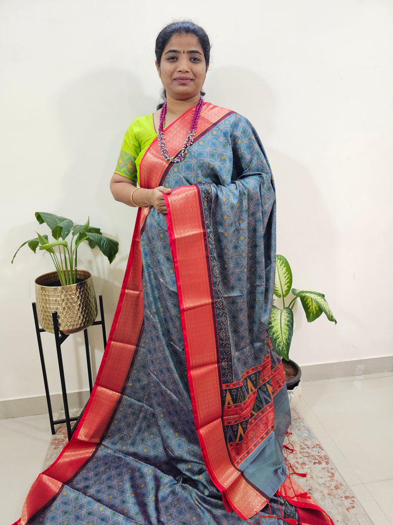 Semi Gadwal Silk Sarees with Digital Prints - Blue with Red